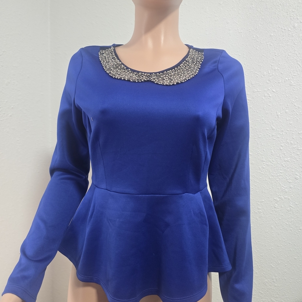 Have Royal Blue Peplum Top with Embellished Collar